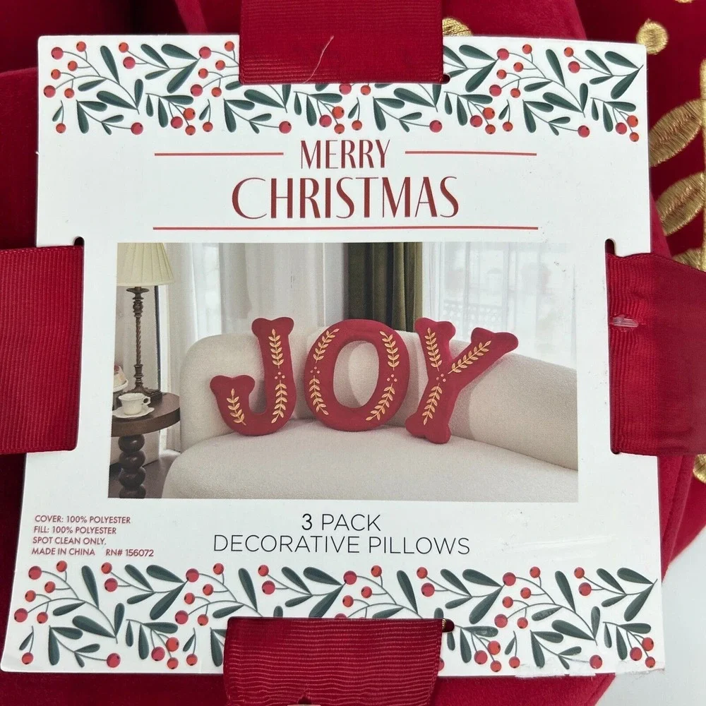 JOY Decorative Throw Pillows Set of 3 – Red & Gold Holiday Christmas Couch Décor